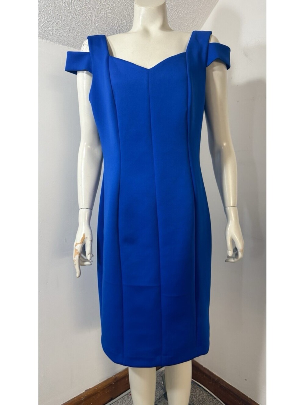 Calvin Klein Womens 10 Royal Blue Knit Dress Off Shoulder Sleeveless Zip Back